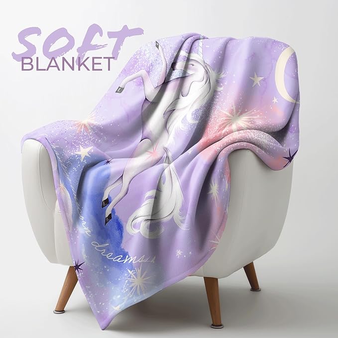 Unicorn Soft Blanket, Cozy & Plush Fleece, 50x60, Purple.