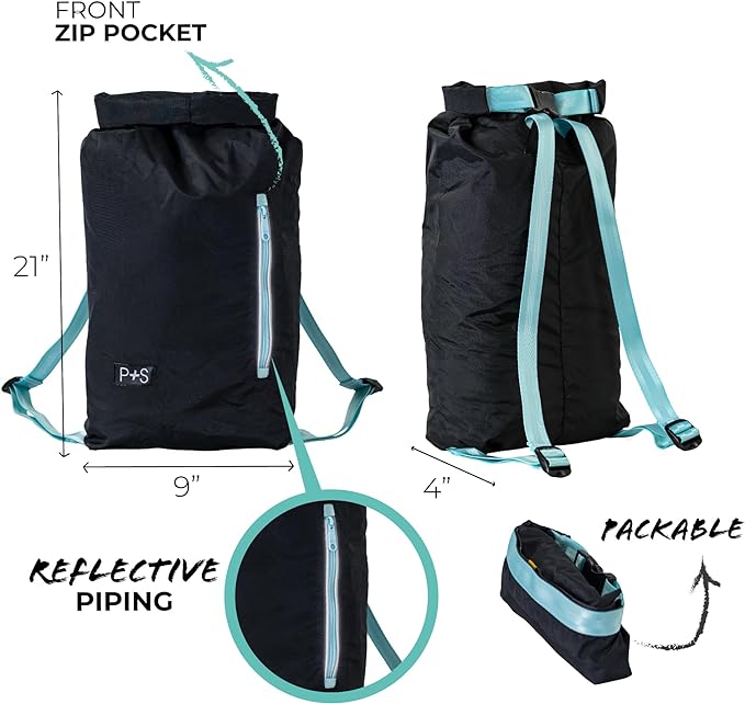 Packable Multipurpose Backpack, Water Resistant, Black & Blue Straps