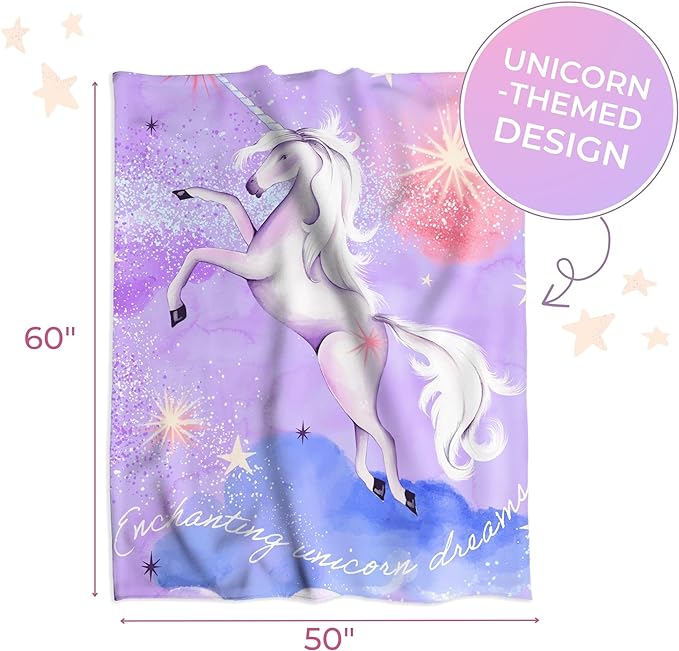 Unicorn Soft Blanket, Cozy & Plush Fleece, 50x60, Purple.