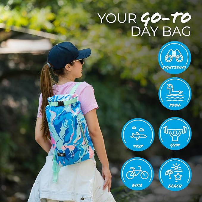 Packable Multipurpose Backpack, Water Resistant, Aqua Waves
