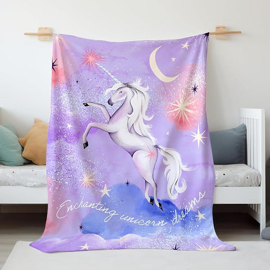 Unicorn Soft Blanket, Cozy & Plush Fleece, 50x60, Purple.