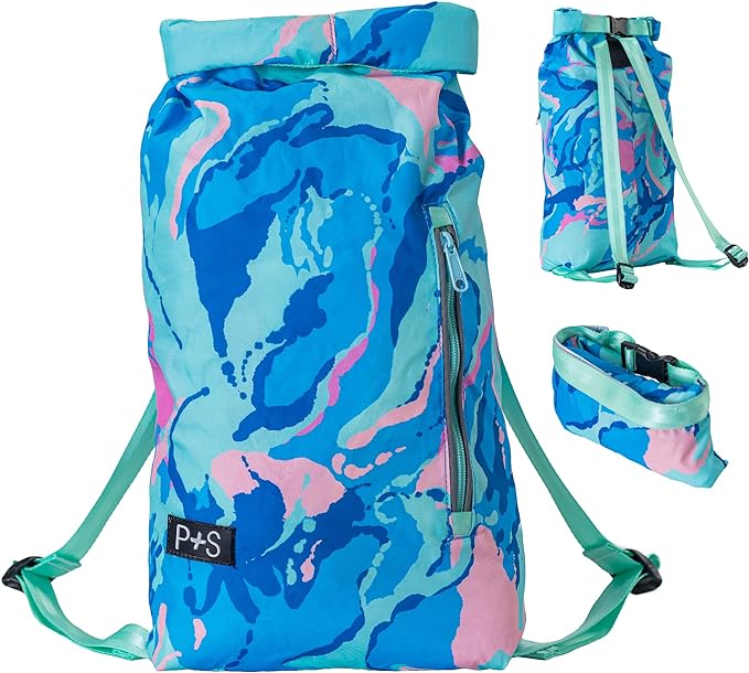 Packable Multipurpose Backpack, Water Resistant, Aqua Waves