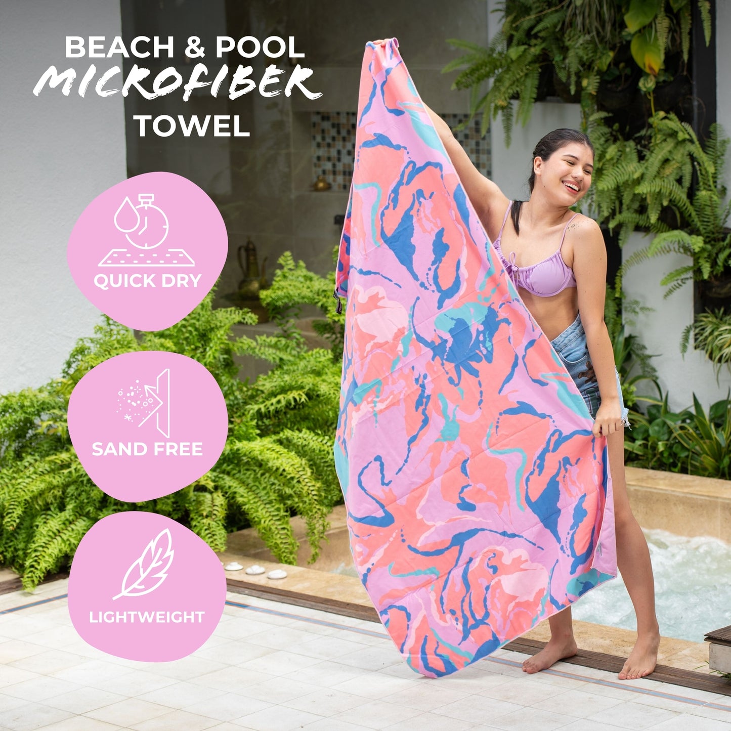 Microfiber Towel for Adults | Extra Large 35" x 70" |  Quick Dry with Pouch, Aqua pink